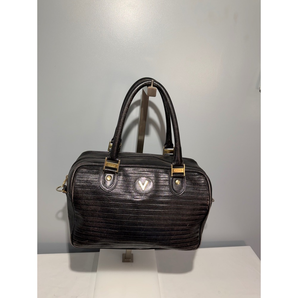 Mario Valentino Black Leather Logo Embossed Satchel Bag Made in Italy Vintage